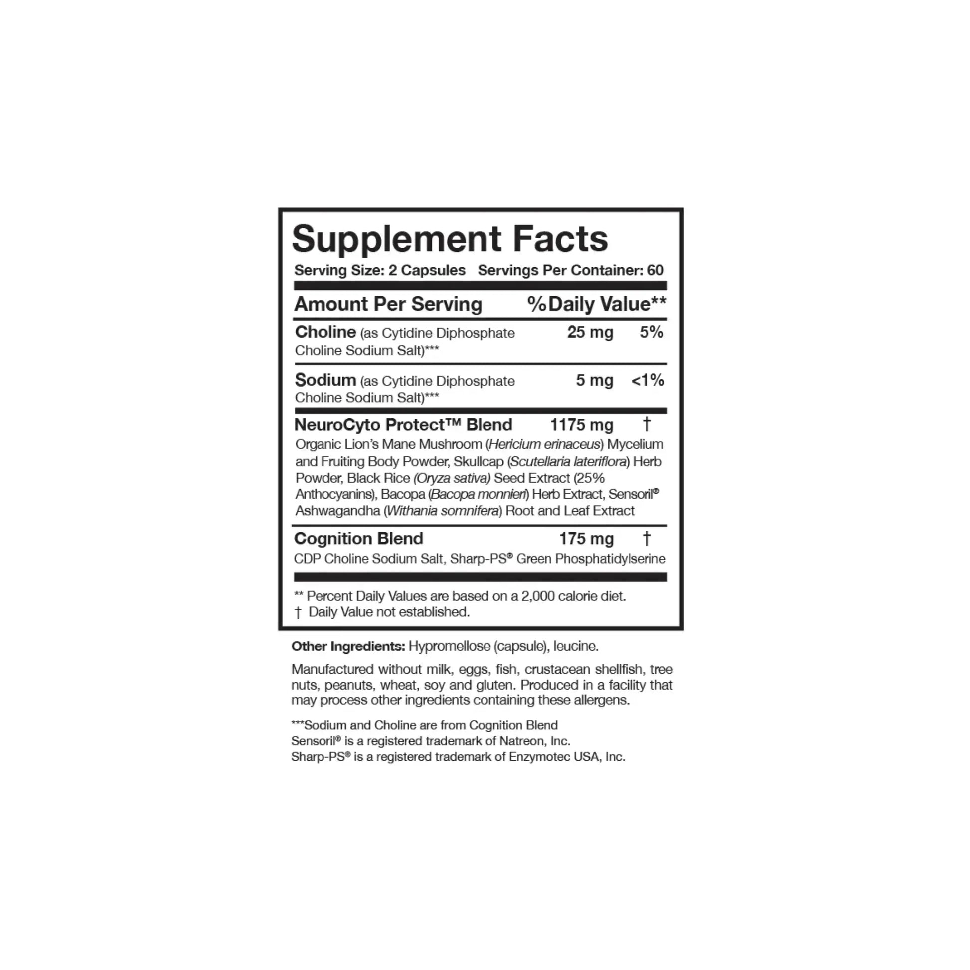 Close up of the BDNF Essentials supplement facts label detailing the botanical and nutritional blend including Lions Mane Bacopa and CDP Choline