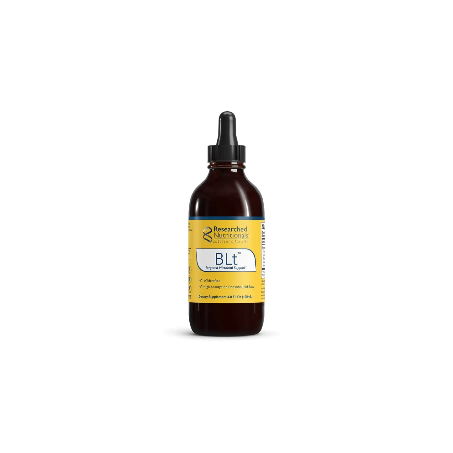 Front view of the Researched Nutritionals BLt 4 ounce liquid bottle highlighting the herbal formula for microbial and immune support