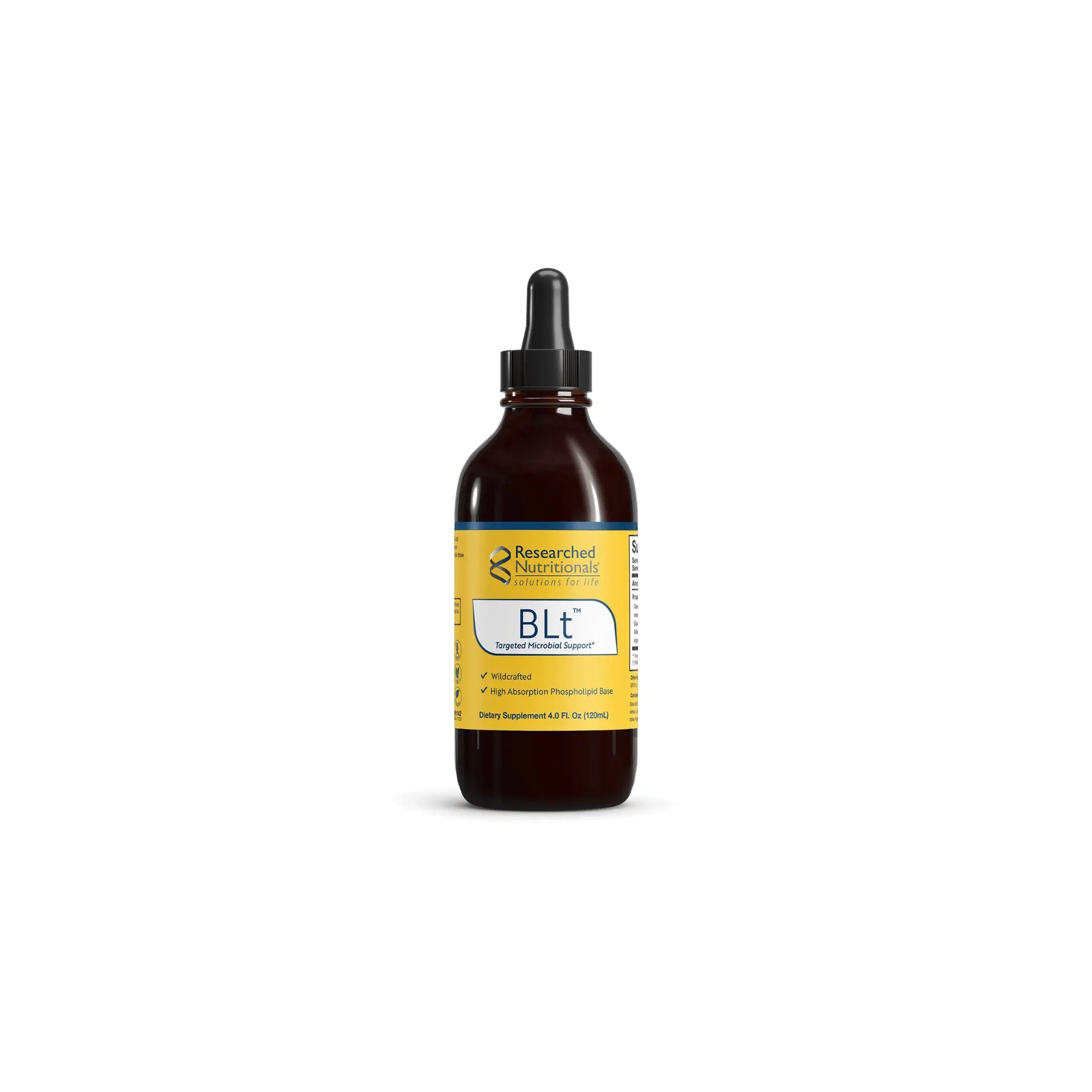 Front view of the Researched Nutritionals BLt 4 ounce liquid bottle highlighting the herbal formula for microbial and immune support