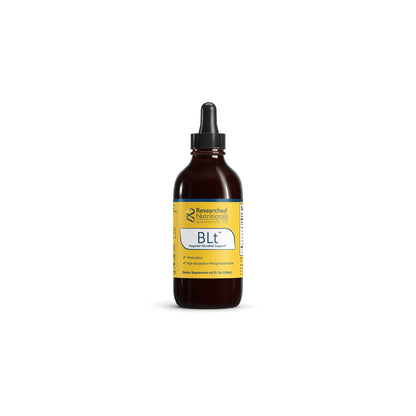 Front view of the Researched Nutritionals BLt 4 ounce liquid bottle highlighting the herbal formula for microbial and immune support