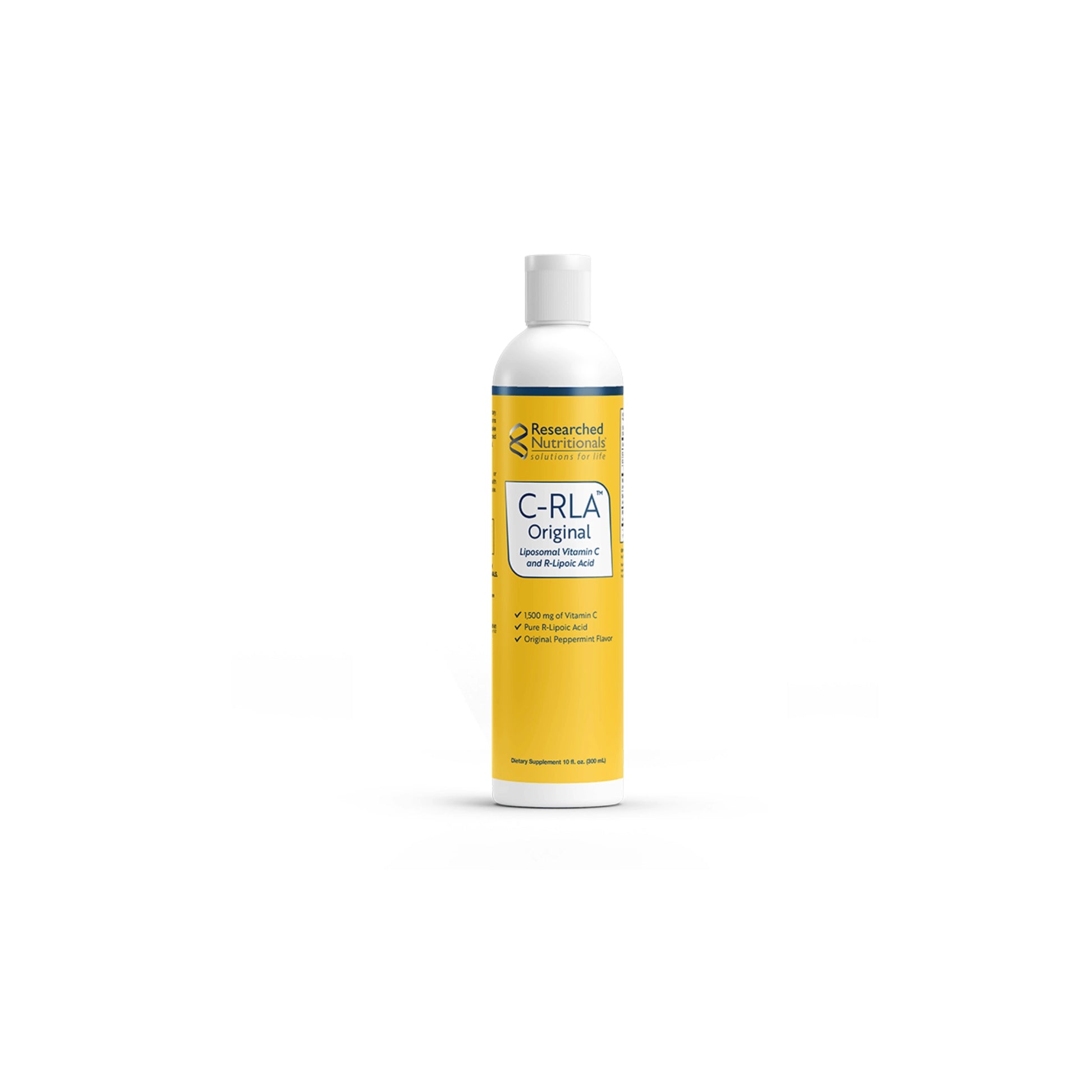 Front view of the Researched Nutritionals C-RLA Original liquid bottle highlighting the liposomal Vitamin C and R-Lipoic Acid formula