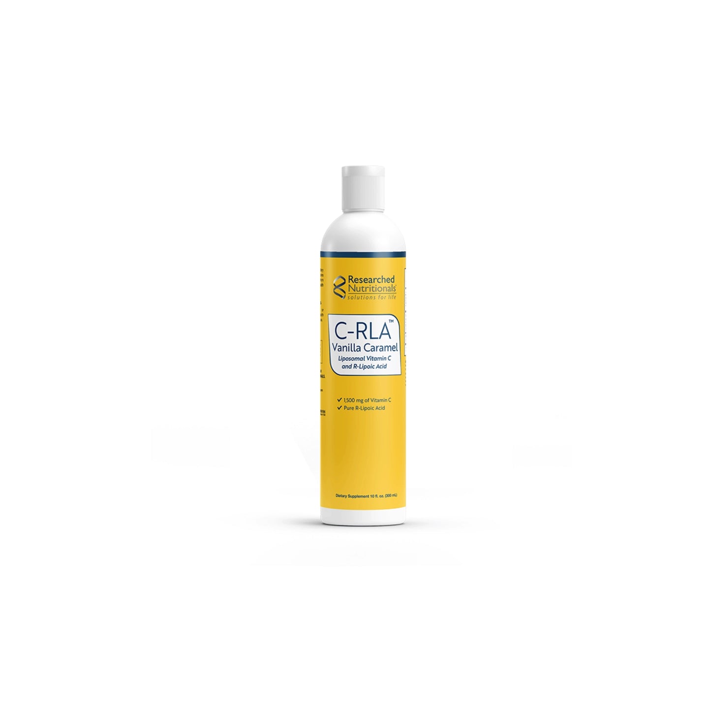 Front view of the Researched Nutritionals C-RLA Vanilla Caramel liquid bottle highlighting the liposomal Vitamin C and R-Lipoic Acid formula