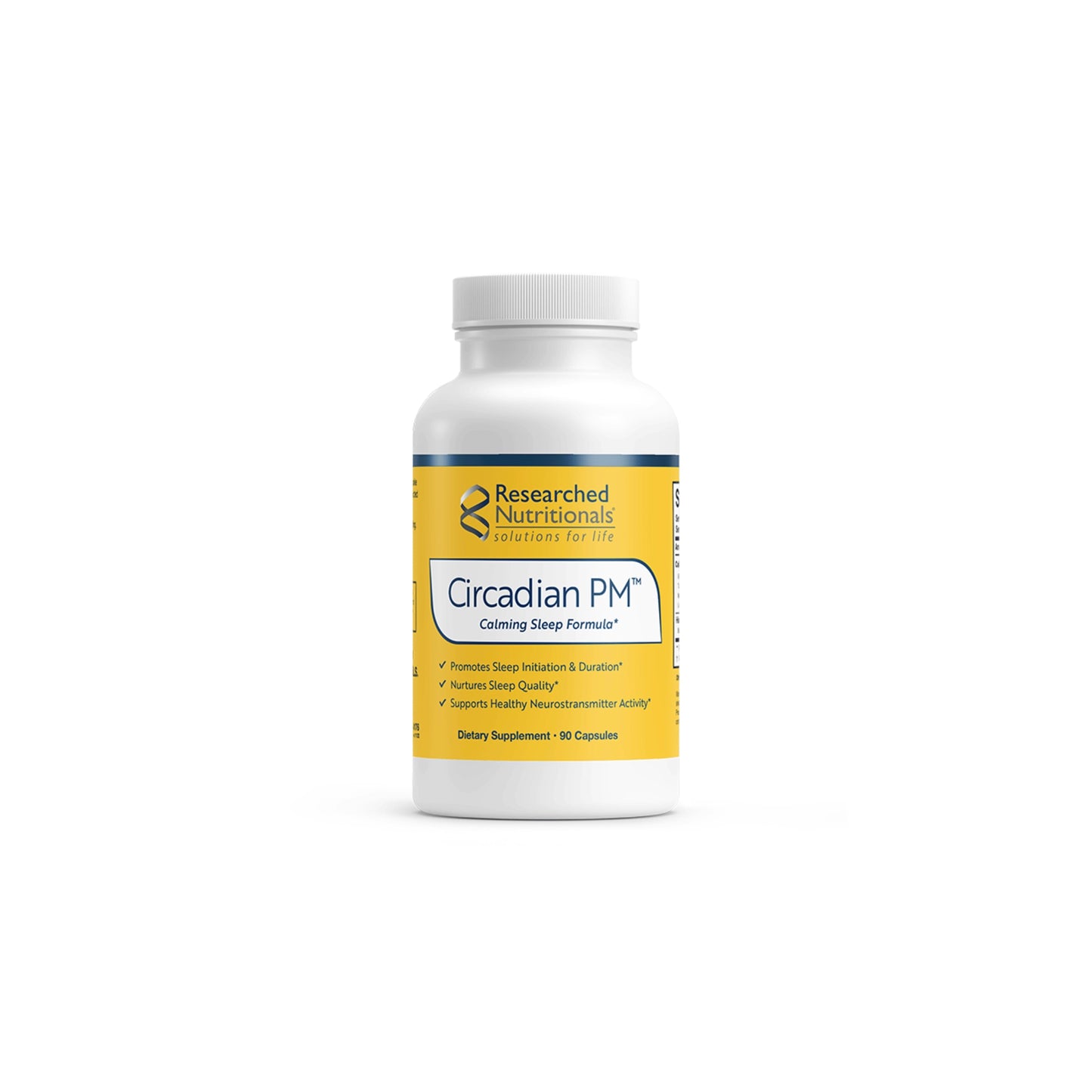 Front view of the Researched Nutritionals Circadian PM 90 capsules bottle highlighting the formula for restorative sleep and circadian rhythm support