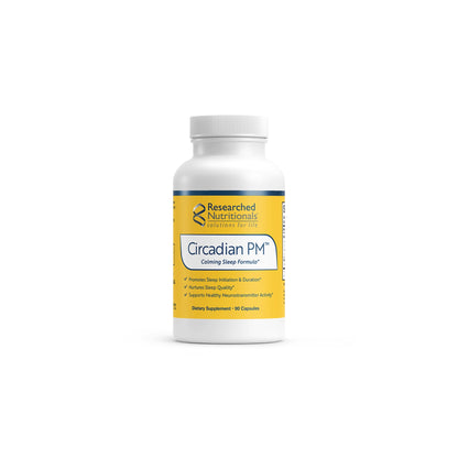 Front view of the Researched Nutritionals Circadian PM 90 capsules bottle highlighting the formula for restorative sleep and circadian rhythm support