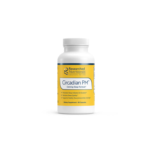 Front view of the Researched Nutritionals Circadian PM 90 capsules bottle highlighting the formula for restorative sleep and circadian rhythm support