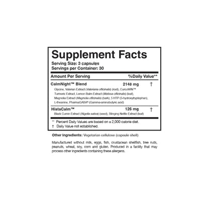Close up of the Circadian PM supplement facts label detailing the sleep support blend including melatonin L-Theanine 5-HTP and GABA