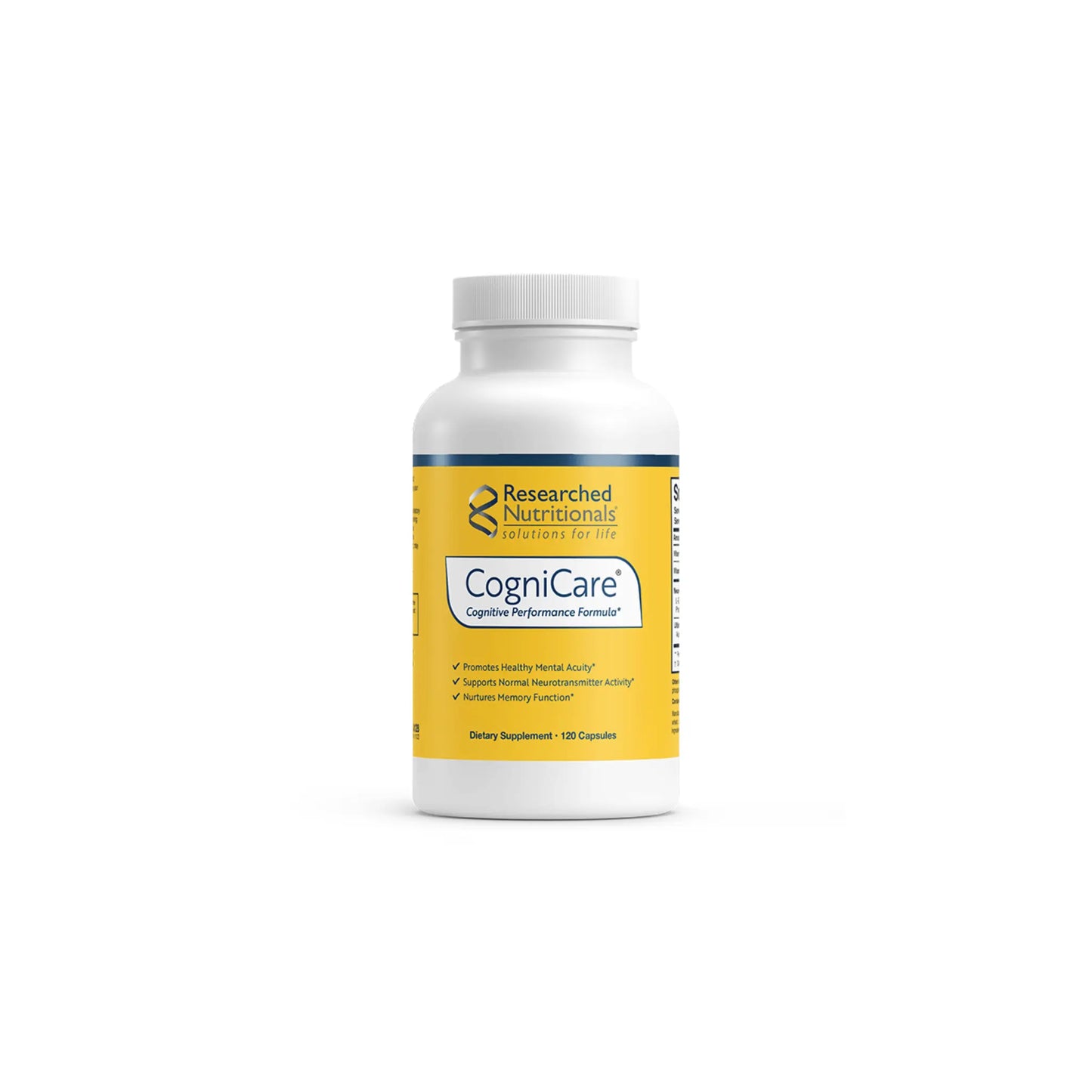 Front view of the Researched Nutritionals CogniCare 120 capsules bottle highlighting the formula for memory and cognitive support