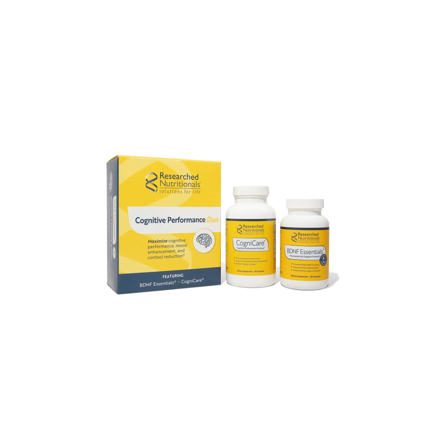Front view of the Researched Nutritionals Cognitive Performance Duo kit containing BDNF Essentials and CogniCare for comprehensive brain support