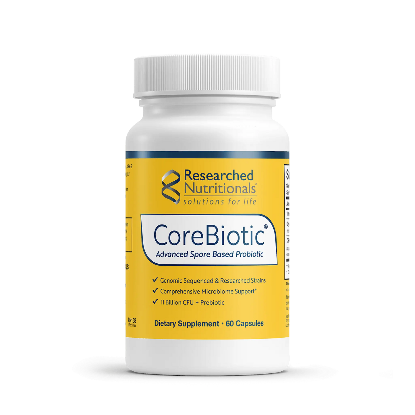 Front view of the Researched Nutritionals CoreBiotic 60 capsules bottle highlighting the soil based probiotic and prebiotic formula for digestive health