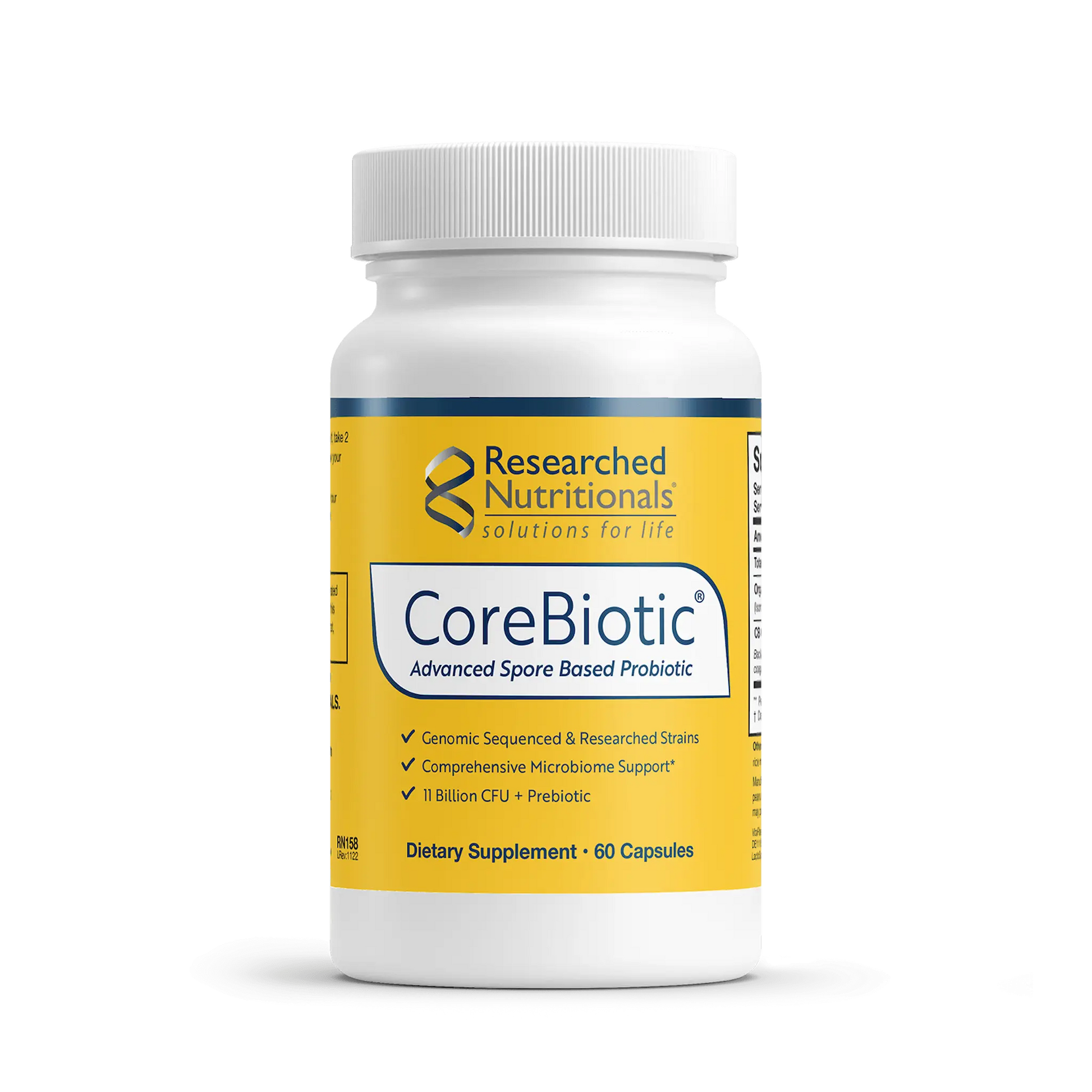 Front view of the Researched Nutritionals CoreBiotic 60 capsules bottle highlighting the soil based probiotic and prebiotic formula for digestive health