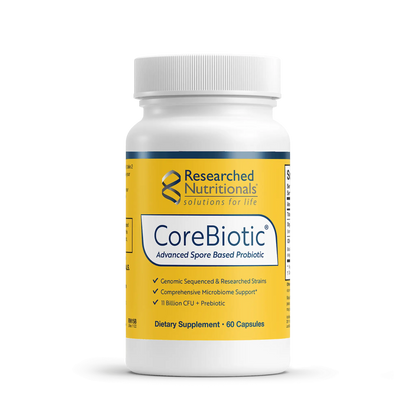 Front view of the Researched Nutritionals CoreBiotic 60 capsules bottle highlighting the soil based probiotic and prebiotic formula for digestive health