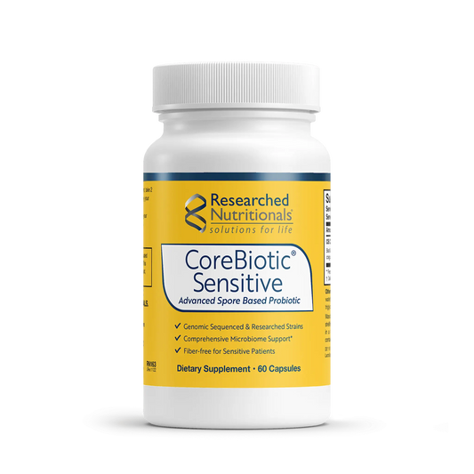 Front view of the Researched Nutritionals CoreBiotic Sensitive 60 capsules bottle highlighting the prebiotic-free soil-based probiotic formula