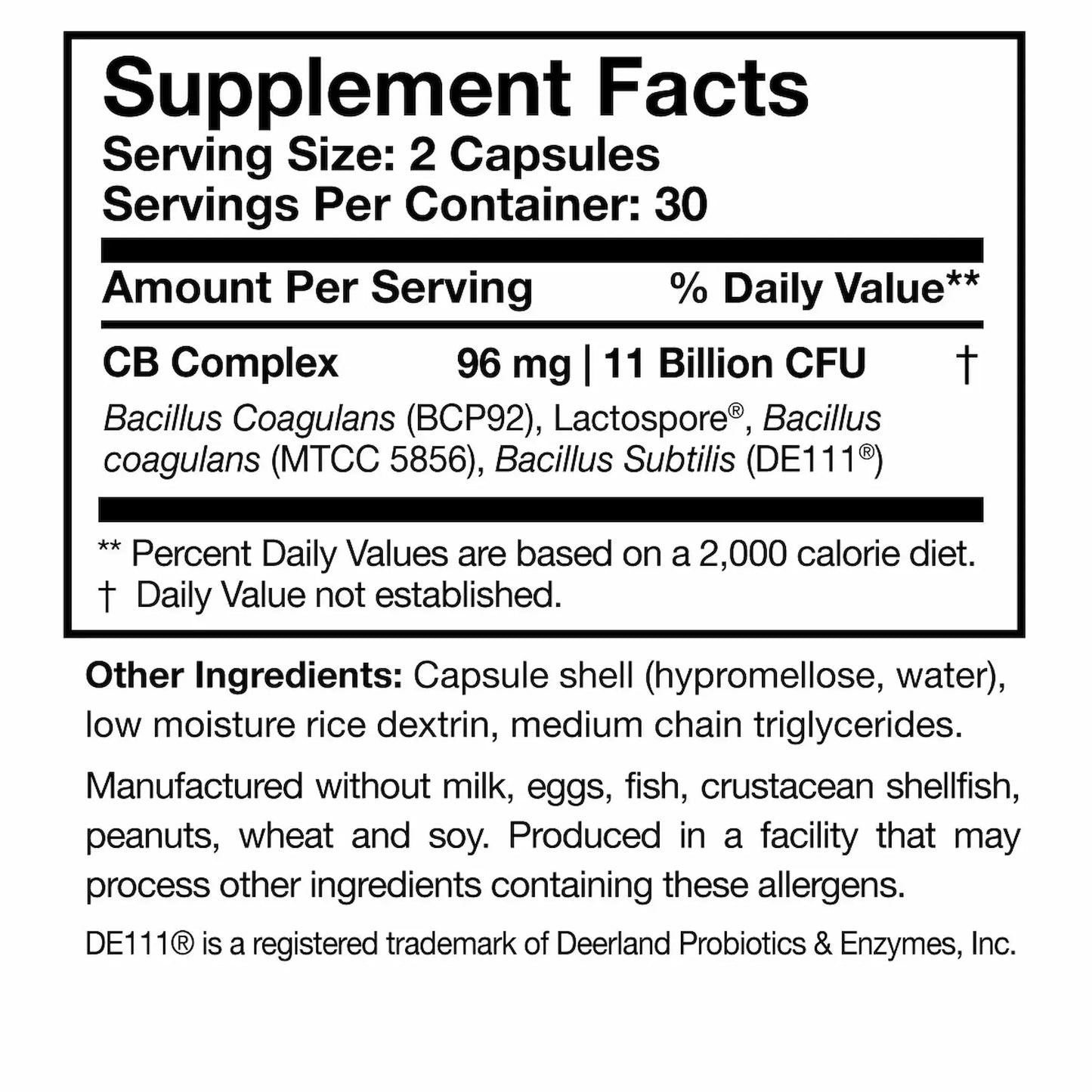 Close up of the CoreBiotic Sensitive label detailing the three spore-forming probiotic strains without any added prebiotics