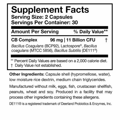 Close up of the CoreBiotic Sensitive label detailing the three spore-forming probiotic strains without any added prebiotics