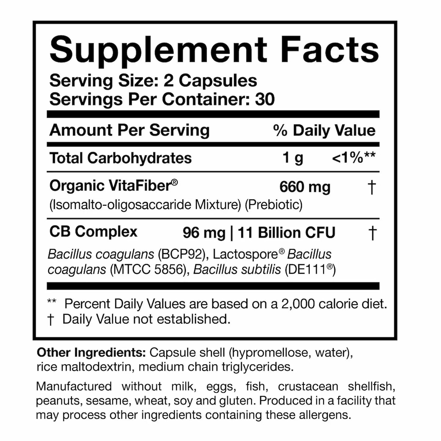 Close up of the CoreBiotic label detailing the three advanced spore forming probiotic strains and the prebiotic blend