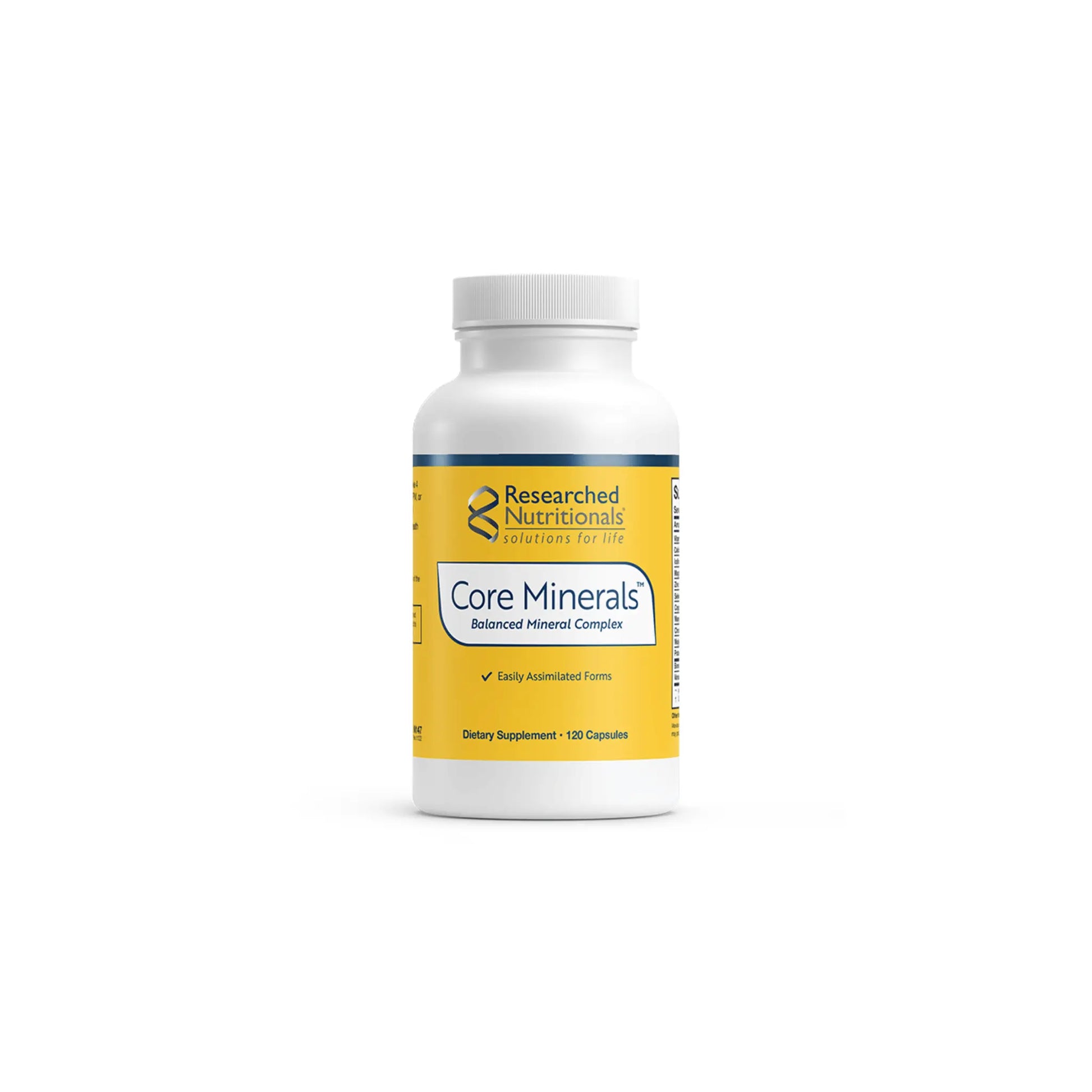 Front view of the Researched Nutritionals Core Minerals 120 capsules bottle highlighting the comprehensive iron free mineral formula