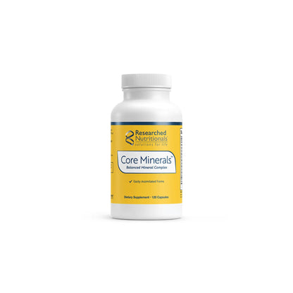 Front view of the Researched Nutritionals Core Minerals 120 capsules bottle highlighting the comprehensive iron free mineral formula