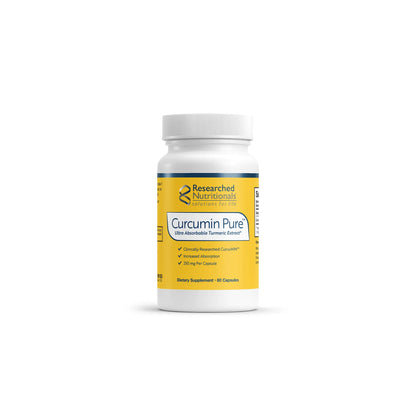 Front view of the Researched Nutritionals Curcumin Pure 60 capsules bottle showcasing the high absorption CurcuWIN turmeric formula
