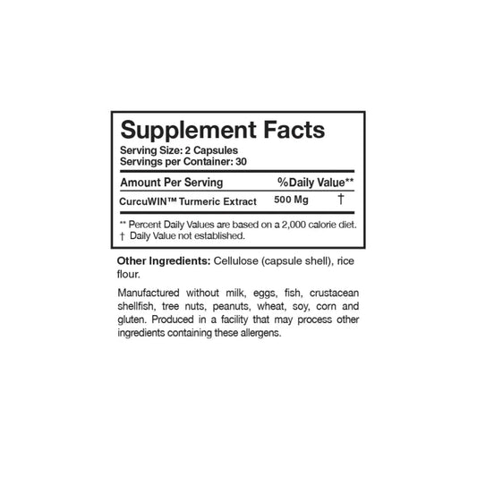 Close up of the Curcumin Pure label detailing the five hundred milligrams of clinically researched CurcuWIN turmeric extract per serving