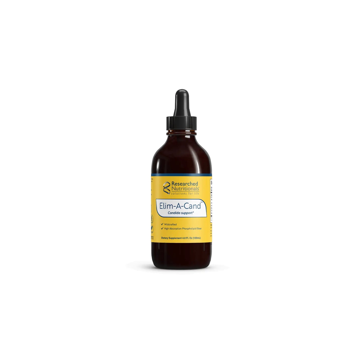 Front view of the Researched Nutritionals Elim A Cand 4 fluid ounces liquid formula bottle highlighting the targeted microbial and Candida support blend