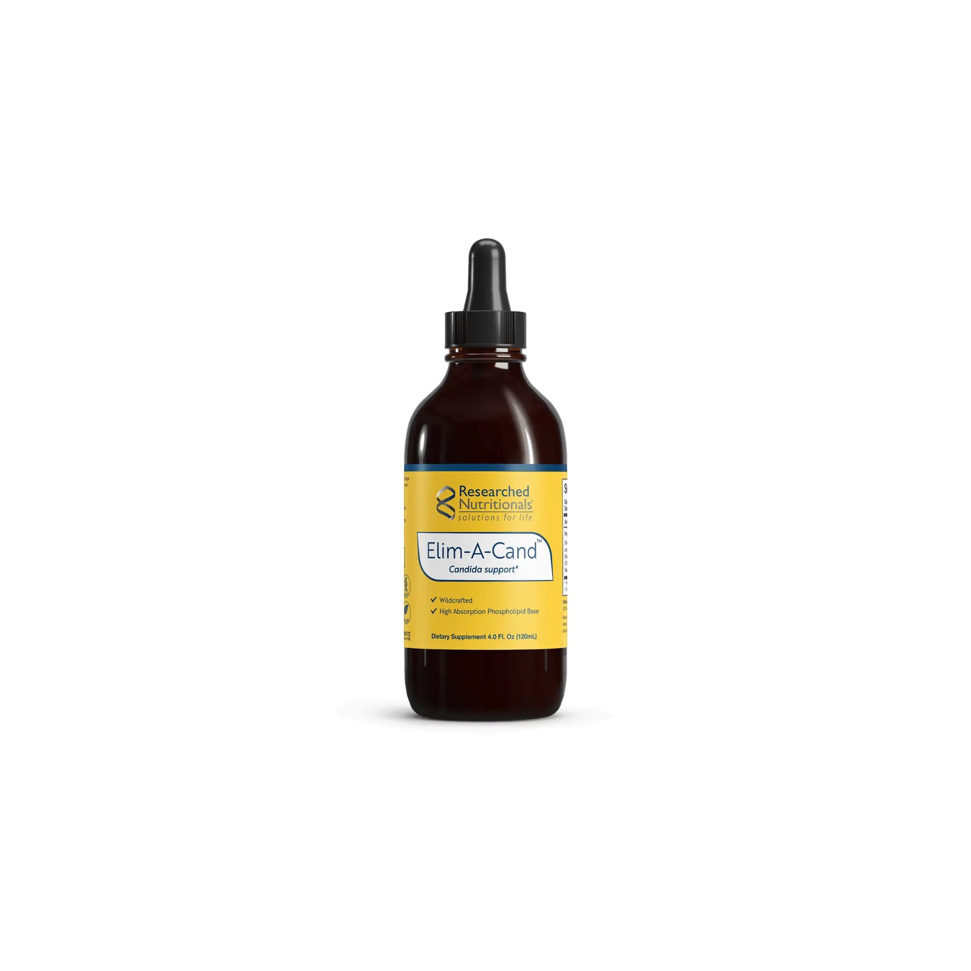 Front view of the Researched Nutritionals Elim A Cand 4 fluid ounces liquid formula bottle highlighting the targeted microbial and Candida support blend