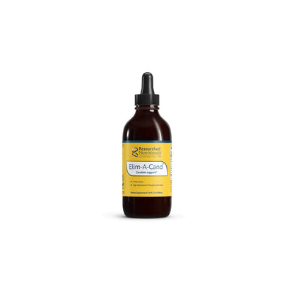 Front view of the Researched Nutritionals Elim A Cand 4 fluid ounces liquid formula bottle highlighting the targeted microbial and Candida support blend