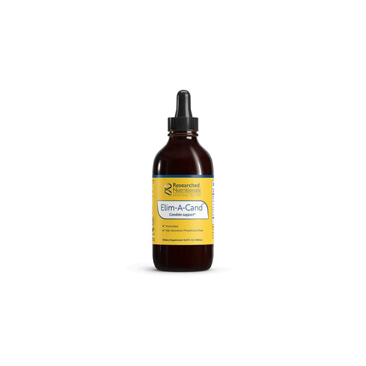 Front view of the Researched Nutritionals Elim A Cand 4 fluid ounces liquid formula bottle highlighting the targeted microbial and Candida support blend