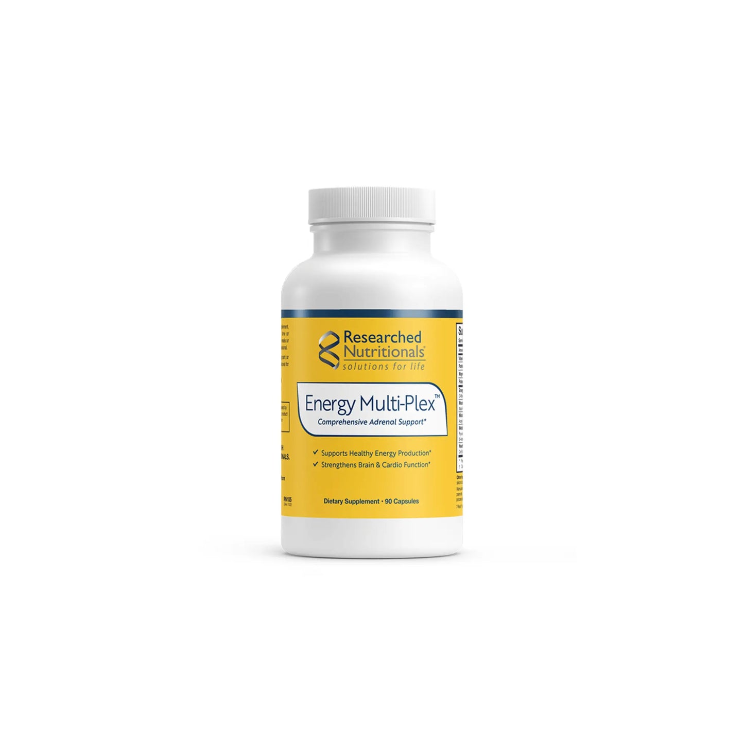 Front view of the Researched Nutritionals Energy Multi Plex 90 capsules bottle highlighting the advanced formula for cellular energy and adrenal support