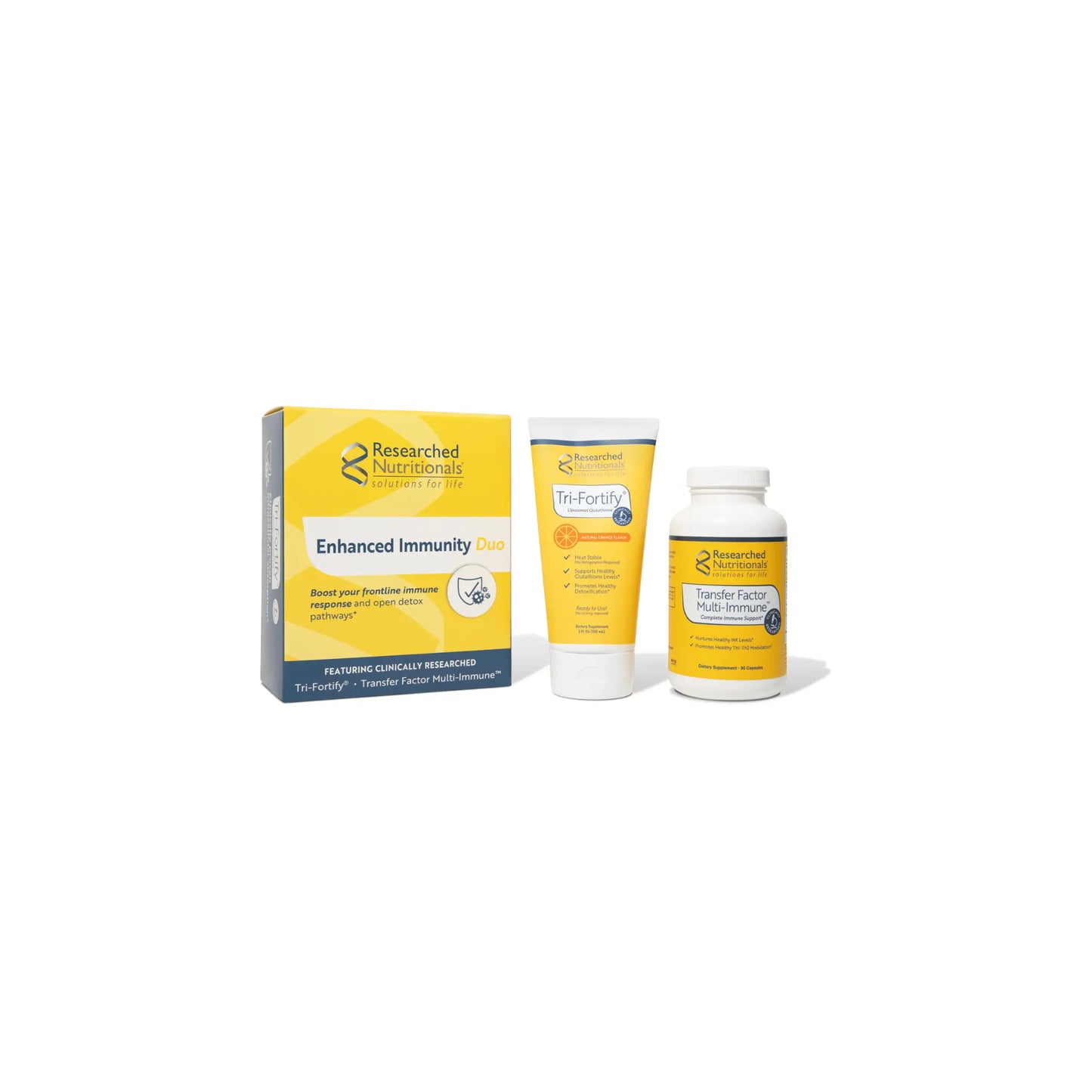 Front view of the Researched Nutritionals Enhanced Immunity Duo supplement group showcasing the dual action formula for advanced cellular and respiratory defense