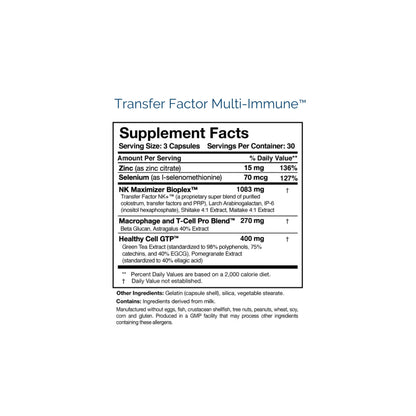 Close up of the Transfer Factor Multi-Immune label detailing the proprietary blend of targeted transfer factors for comprehensive immune support