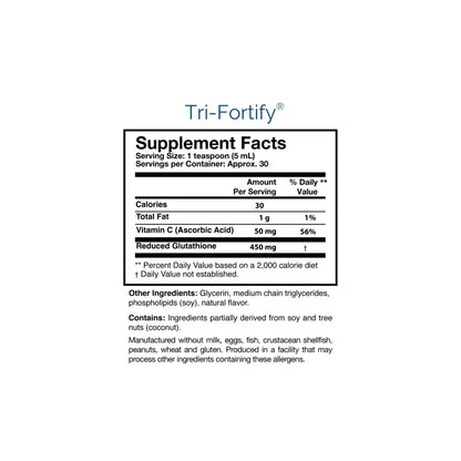 Close up of the Tri-Fortify label detailing the proprietary blend of targeted transfer factors for comprehensive immune support