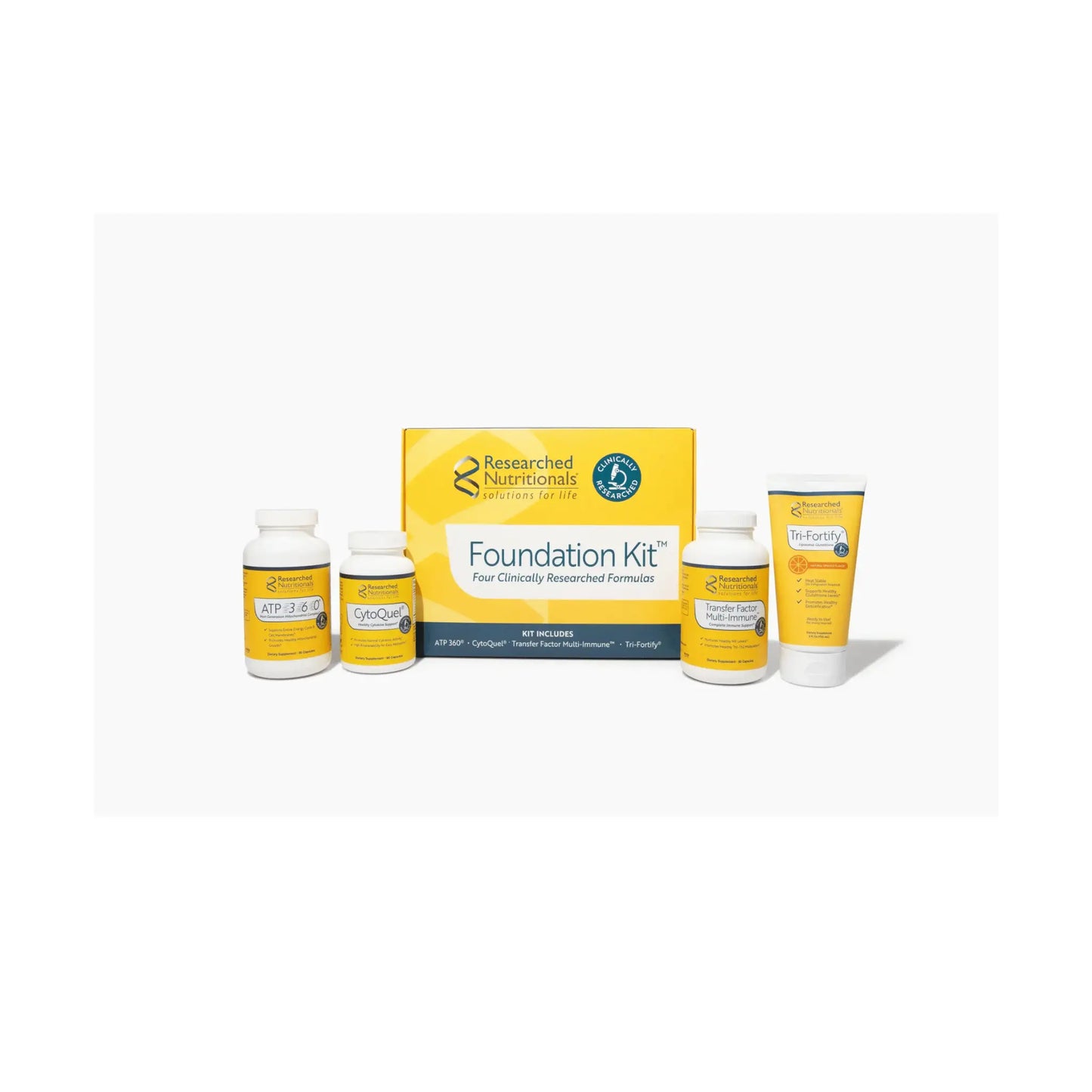 Front view of the Researched Nutritionals Foundation Kit packaging displaying the complete four supplement system for total cellular and immune support