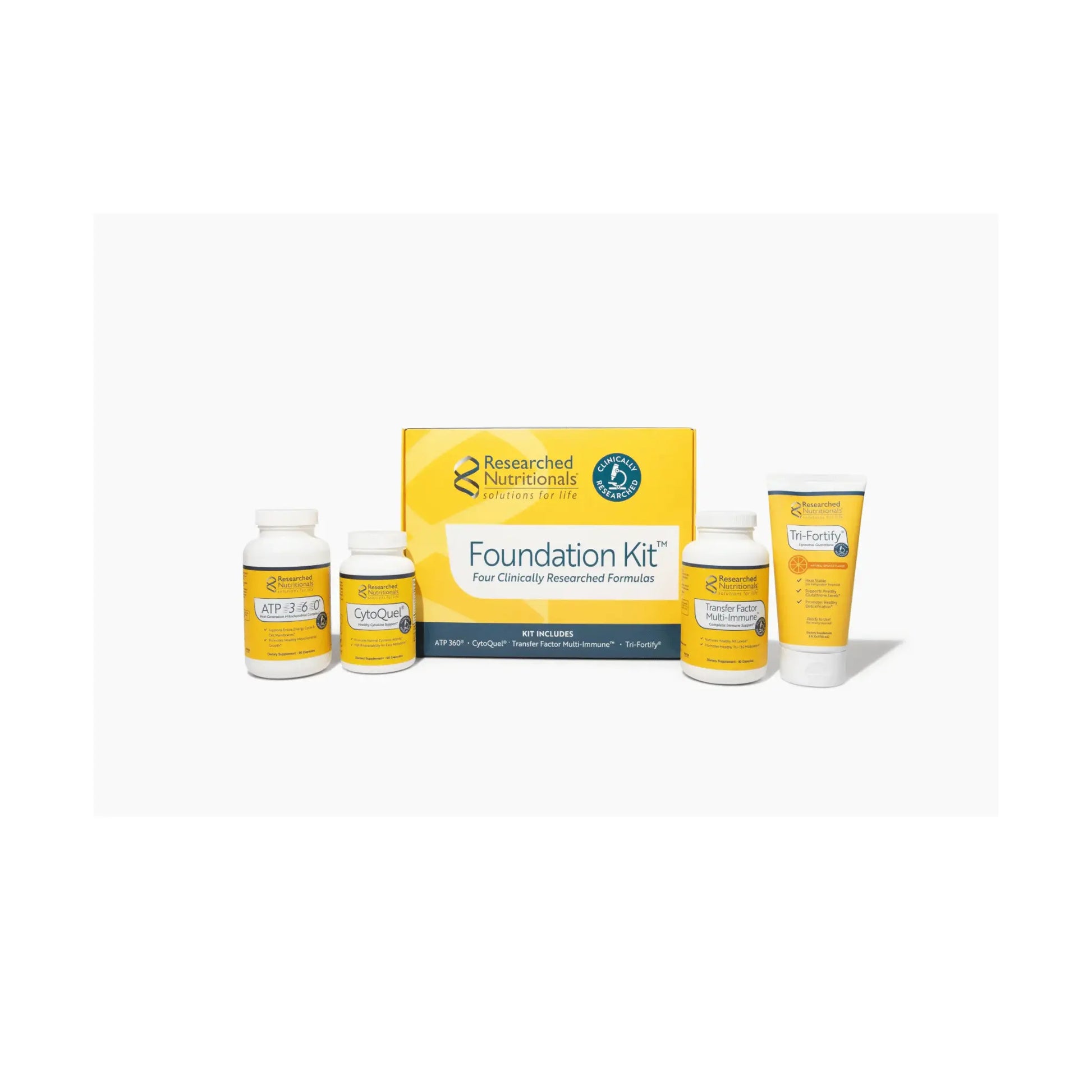 Front view of the Researched Nutritionals Foundation Kit packaging displaying the complete four supplement system for total cellular and immune support