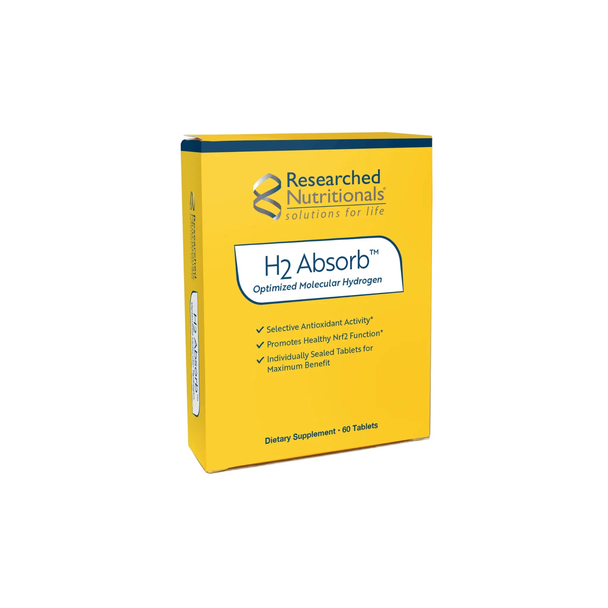 Front view of the Researched Nutritionals H2 Absorb 60 tablets box showing the molecular hydrogen generating formula