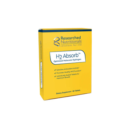 Front view of the Researched Nutritionals H2 Absorb 60 tablets box showing the molecular hydrogen generating formula