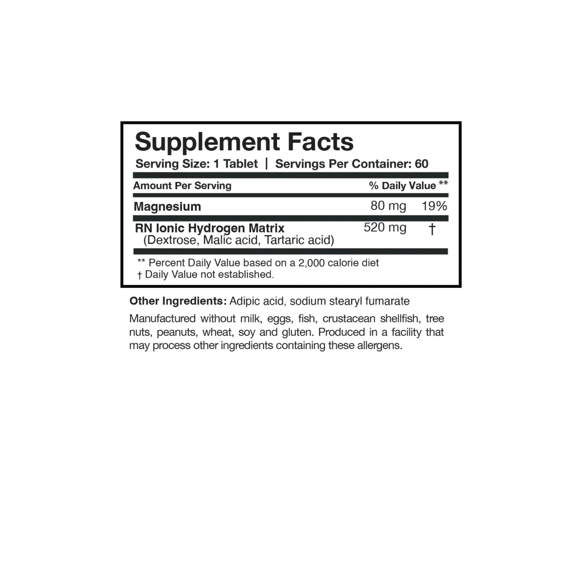 Close up of the H2 Absorb supplement facts label detailing the magnesium content and the proprietary hydrogen matrix for cellular support