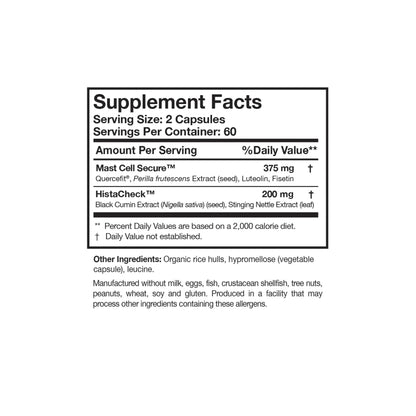 Close up of the HistaQuel label detailing the clinically researched botanical blend including quercetin phytosome luteolin fisetin and black cumin seed