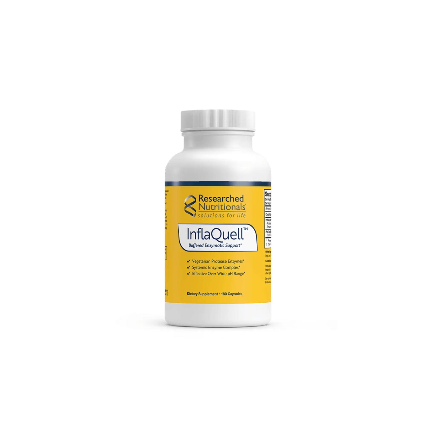 Front view of the Researched Nutritionals InflaQuell 180 capsules bottle showcasing the professional proteolytic enzyme formula for tissue and inflammatory support
