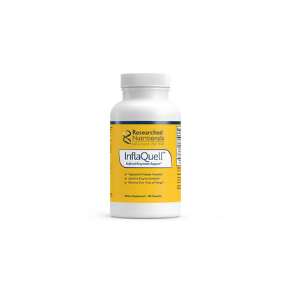 Front view of the Researched Nutritionals InflaQuell 180 capsules bottle showcasing the professional proteolytic enzyme formula for tissue and inflammatory support