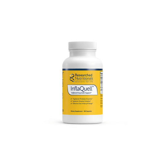 Front view of the Researched Nutritionals InflaQuell 180 capsules bottle showcasing the professional proteolytic enzyme formula for tissue and inflammatory support