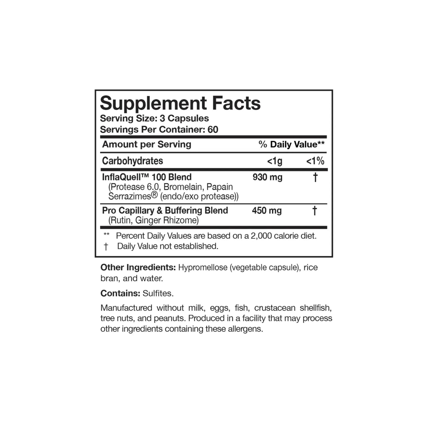 Close up of the InflaQuell label detailing the comprehensive systemic enzyme blend including bromelain papain trypsin chymotrypsin and serratiopeptidase