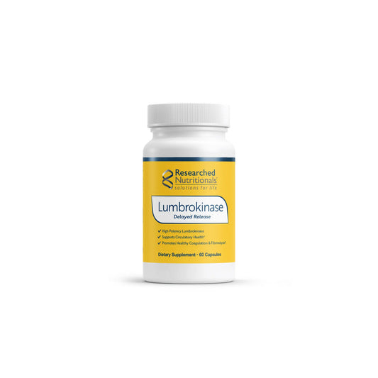 Front view of Researched Nutritionals Lumbrokinase 60 capsules bottle highlighting the advanced fibrinolytic and cardiovascular support formula