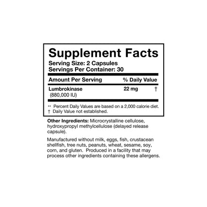Close up of the Lumbrokinase label detailing the enzyme activity units and nutritional supplement facts