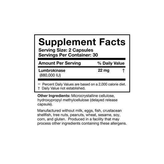 Close up of the Lumbrokinase label detailing the enzyme activity units and nutritional supplement facts