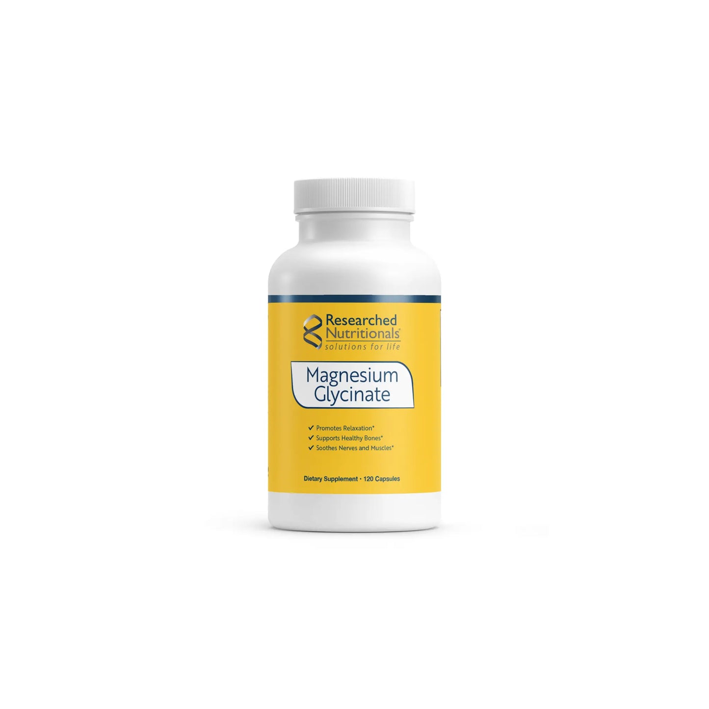 Front view of the Researched Nutritionals Magnesium Glycinate bottle highlighting the highly bioavailable formula for muscle sleep and neurological support