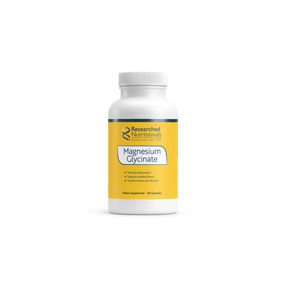 Front view of the Researched Nutritionals Magnesium Glycinate bottle highlighting the highly bioavailable formula for muscle sleep and neurological support