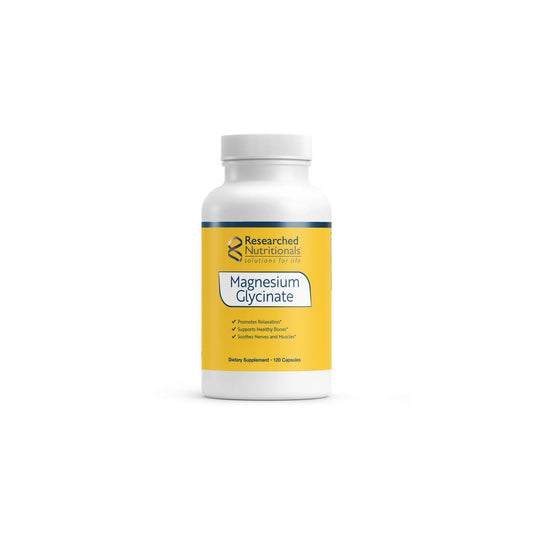 Front view of the Researched Nutritionals Magnesium Glycinate bottle highlighting the highly bioavailable formula for muscle sleep and neurological support