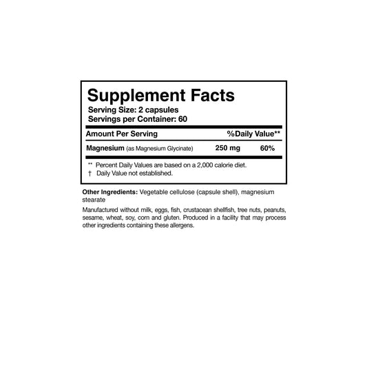 Close up of the Magnesium Glycinate supplement facts label detailing the elemental magnesium dosage and pure bisglycinate chelate structure