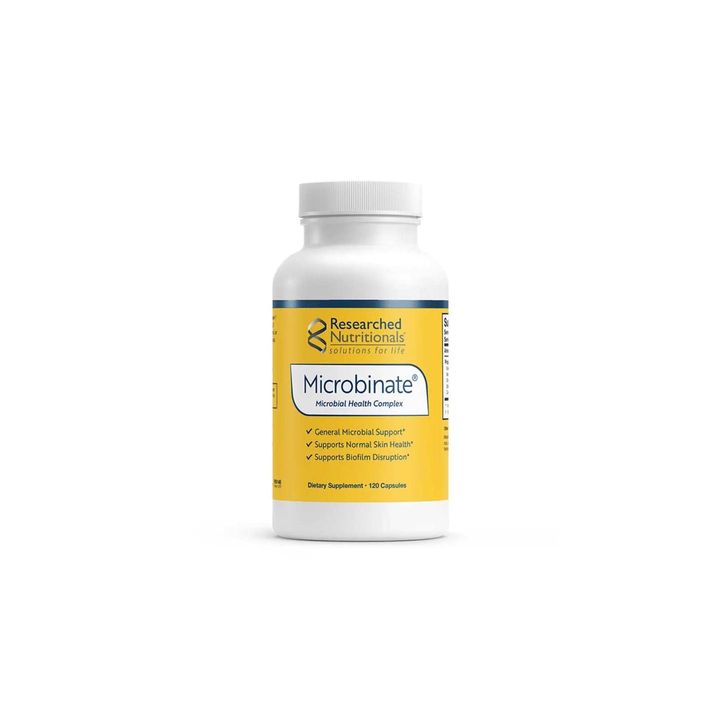 Front view of the Researched Nutritionals Microbinate capsule bottle showcasing the broad spectrum microbial and immune support formula
