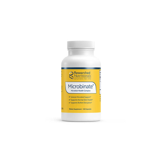 Front view of the Researched Nutritionals Microbinate capsule bottle showcasing the broad spectrum microbial and immune support formula